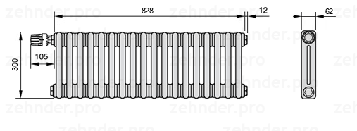 Схема (чертеж) Радиатор Zehnder Charleston 2030/18 №V011 Белый глянцевый RAL 9016